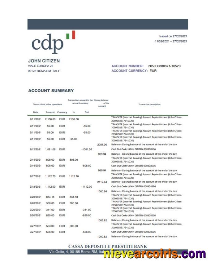 Italy Cassa Depositi e Prestiti bank statement easy to fill in .xls and .pdf file format